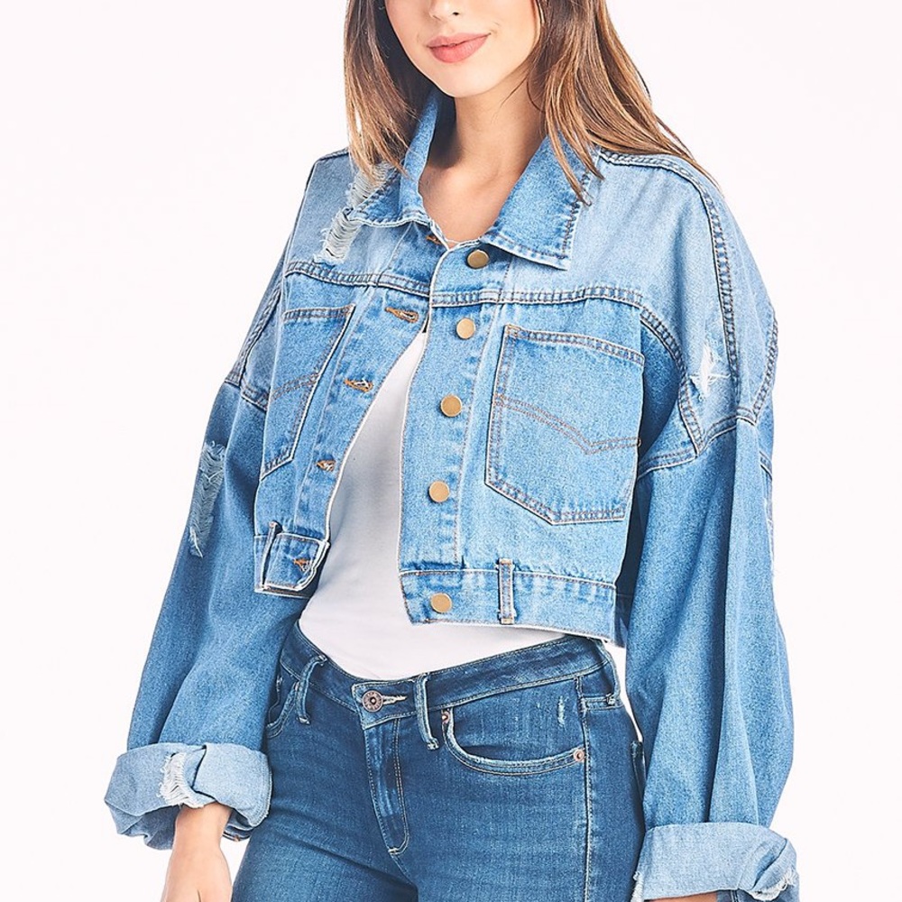 🆕 NWT Premium Vintage Washed Crop Denim Ja…